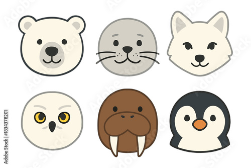 Cute cartoon arctic animal faces featuring polar bear, seal, arctic fox, owl, walrus, and penguin