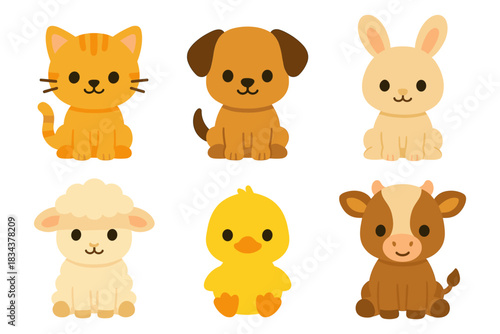 Cute farm animals set: adorable cartoon characters in flat design
