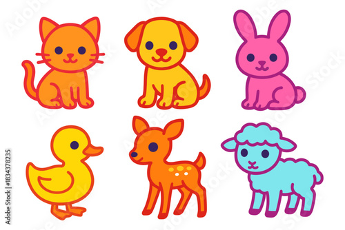 Colorful cartoon animals: cute kitten, puppy, bunny, duckling, fawn, and lamb collection