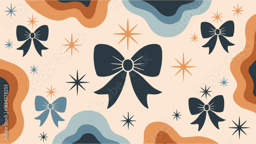 Seamless decorative bow pattern with retro stars and abstract shapes in warm and cool tones on soft background