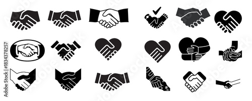 Icon Design, silhouette and line icon pack - Collection of diverse handshake icons representing agreement partnership unity and trust isolated on transparent background