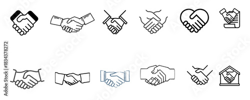 Icon Design, silhouette and line icon pack - Collection of handshake icons representing agreement partnership trust and cooperation isolated on transparent background