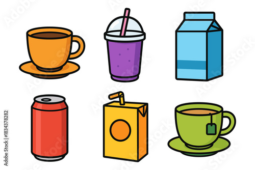Colorful beverage icons featuring coffee, juice, milk, and tea in modern cartoon style
