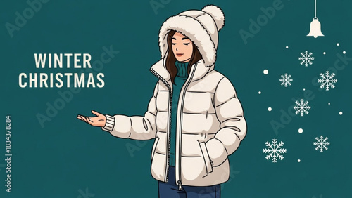 A young woman wearing a cozy white puffer jacket and fur lined hood stands with her hand outstretched presenting the winter christmas theme with snowflakes and a bell