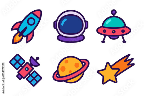 Colorful space-themed cartoon icons: rocket, astronaut helmet, ufo, satellite, planet, shooting star