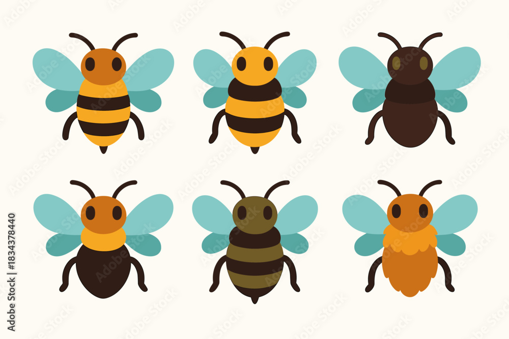 Fototapeta premium Colorful cartoon bees set with diverse patterns and styles