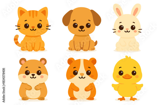 Cute cartoon animals collection featuring cat, dog, rabbit, hamster, guinea pig, and duck