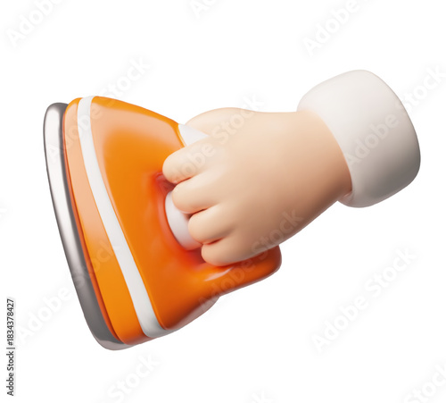 Hand holding iron 3D cartoon plastic style vector icon, laundry equipment, electronic home appliance smoothing clothes