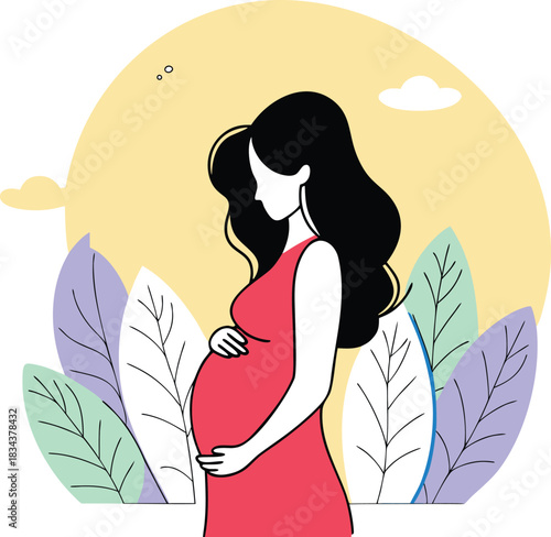 Pregnant woman holding belly in front of soft yellow background and leaves