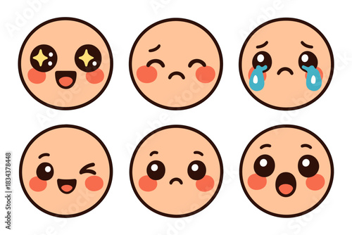 Cute kawaii emoticon faces expressing joy, sadness, surprise, and more