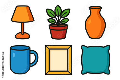 Home decor icons: lamp, vase, mug, pillow, plant, frame in bold outline style