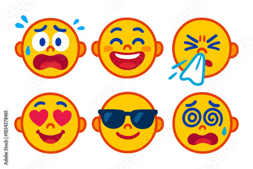 Bright emoji faces express a range of emotions in cartoon style
