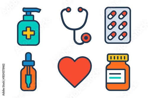 Essential medical icons collection: flat color designs for healthcare resources