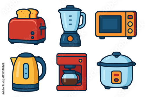 Colorful kitchen appliances: toaster, blender, microwave, kettle, coffee maker, rice cooker