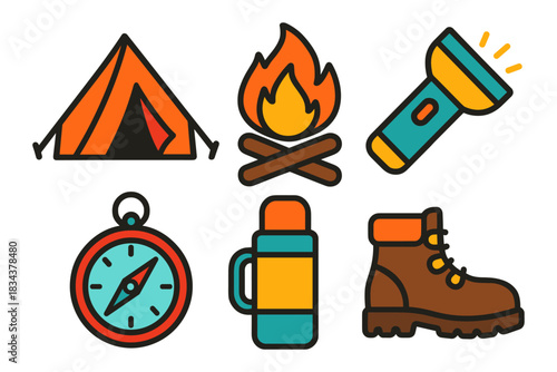 Colorful camping icons set featuring tent, campfire, flashlight, compass, thermos, and boot