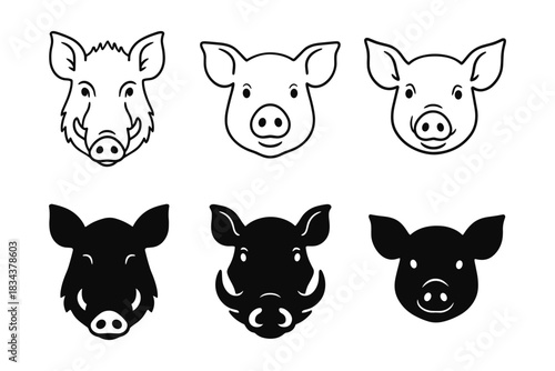 Animal faces collection featuring boar and pig heads in linear and silhouette styles