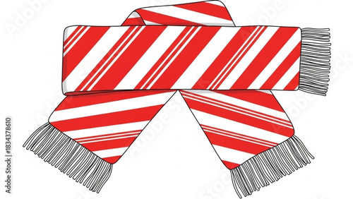 A festive red and white striped scarf with fringed ends perfect for winter holidays and sporting events presented on a clean white background