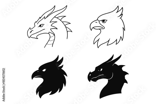 Mythical creature silhouettes: dragon and eagle heads in black and white
