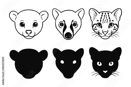 Animal silhouettes and outlined faces of wild cats and raccoon