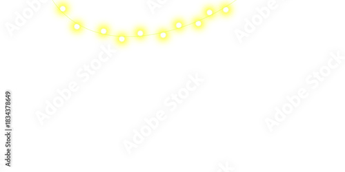 A festive garland of glowing yellow circular lights hanging in a gentle curve on a plain white background.