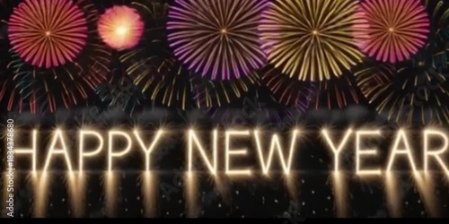 Happy New Year Sparkle Text with Fireworks at Night – Festive Glowing Celebration