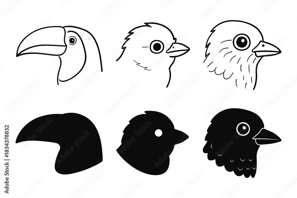 Obraz premium Bird head profiles in black and white outline and silhouette styles