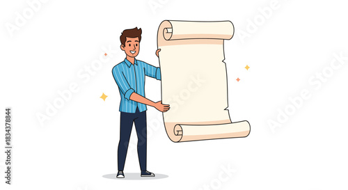 A smiling man in a blue striped shirt holds a large, unrolled scroll or parchment document.