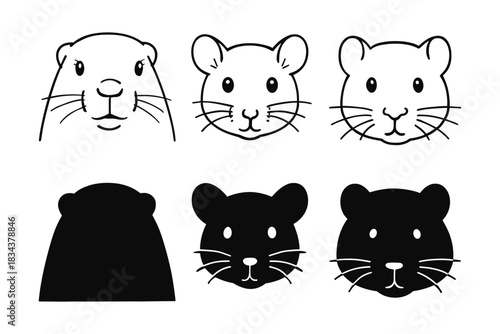 Cute animal faces collection: silhouette and linear styles of hamsters and groundhogs