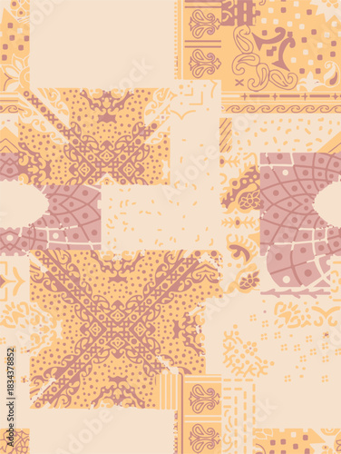 seamless patchwork paisley pattern on background.Seamless patchwork design vector fabric design. Vector graphic tile for interior and clothing fabric or ceramic tiles