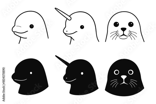 Minimalist animal silhouettes: dolphin, narwhal, seal in black and white