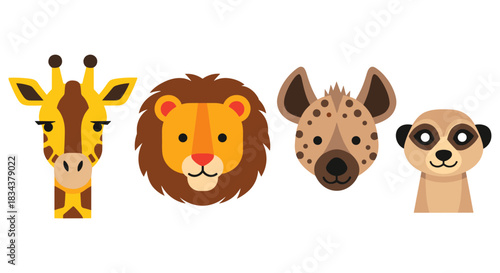 African animals flat icons collection: giraffe, lion, hyena, meerkat faces