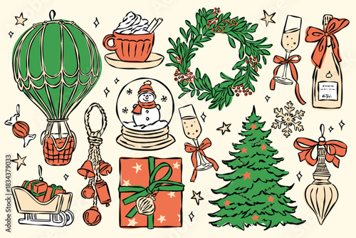 Christmas ornament doodles collection. Art for greeting cards, holiday invitations, poster design, postcards.