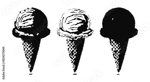 Black and white ice cream cone silhouette designs with textured patterns
