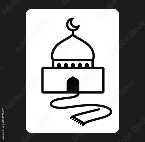 A simple line art drawing of a mosque features a single dome with a crescent moon and prayer mat unfurled