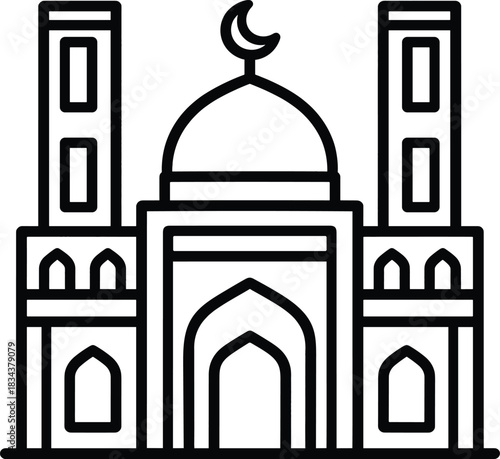 A detailed line art drawing of a mosque with two minarets, a large central dome, and many arched windows