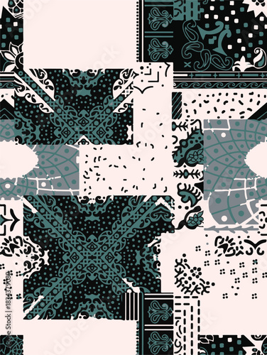 seamless patchwork paisley pattern on background.Seamless patchwork design vector fabric design. Vector graphic tile for interior and clothing fabric or ceramic tiles