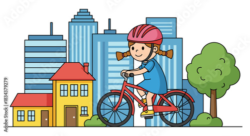 Cute girl cycling in city with skyscrapers and houses