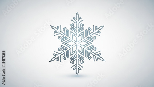 A stylized geometric snowflake design with intricate lines and a subtle blue gradient against a clean minimalist light gray background casting a soft shadow