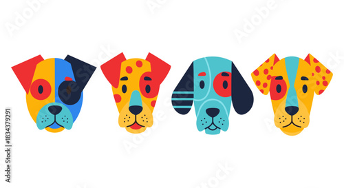 Bright geometric dog faces in a modern flat art style
