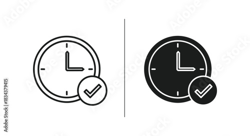 Clock with Checkmark Icon Set: Time Completed & Schedule Approved Symbols in Outline and Solid Glyph Styles