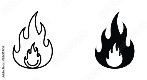 Fire flame icon set: Outline and solid black vector illustration on white background