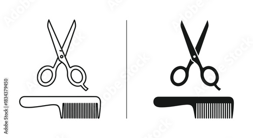 Hairdressing Scissors and Comb Icons: Outline and Solid Styles for Barber Shop and Salon