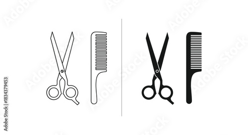 Hairdressing Scissors and Comb Icon Set - Outline and Solid Styles