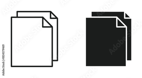 Stacked Document File Icons: Outline and Solid Black Glyph Versions with Folded Corner - Vector Set for UI, Office, and Digital Applications