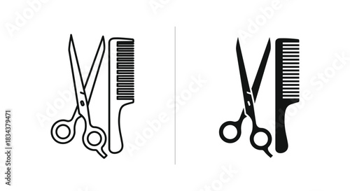 Barber and Hairdressing Tools Icons: Scissors and Comb Outline & Solid Styles