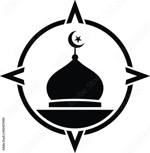 Islamic mosque dome with crescent moon and star, surrounded by compass for qibla direction for muslim pray
