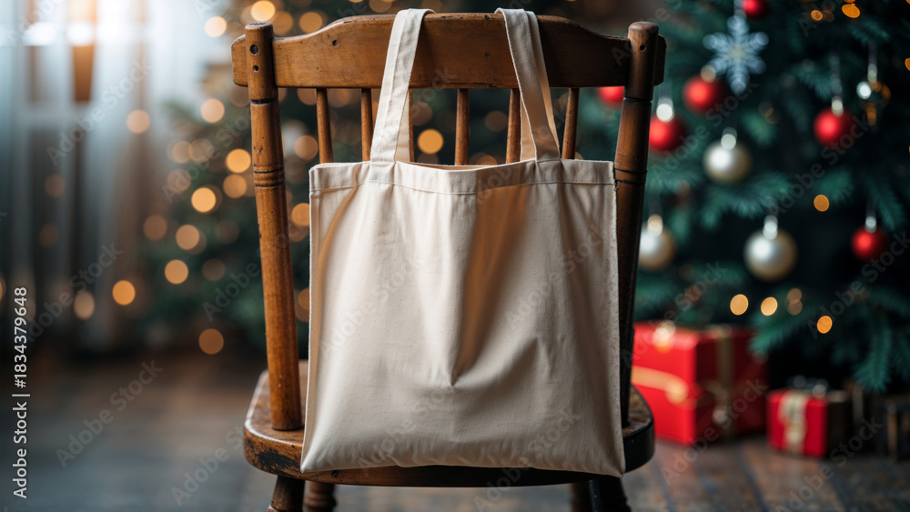 Obraz premium Canvas Tote Bag on Wooden Chair in Cozy Christmas Home Interior