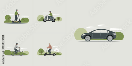 Eco friendly urban transportation illustration with electric scooter riders cyclists and modern electric car in green landscape