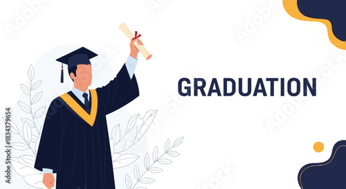 Graduating student in cap and gown holding a diploma in celebration.