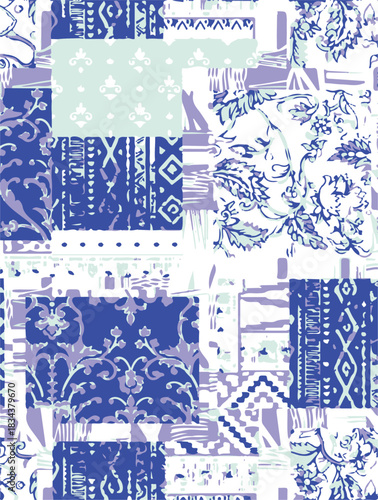 seamless patchwork paisley pattern on background.Seamless patchwork design vector fabric design. Vector graphic tile for interior and clothing fabric or ceramic tiles